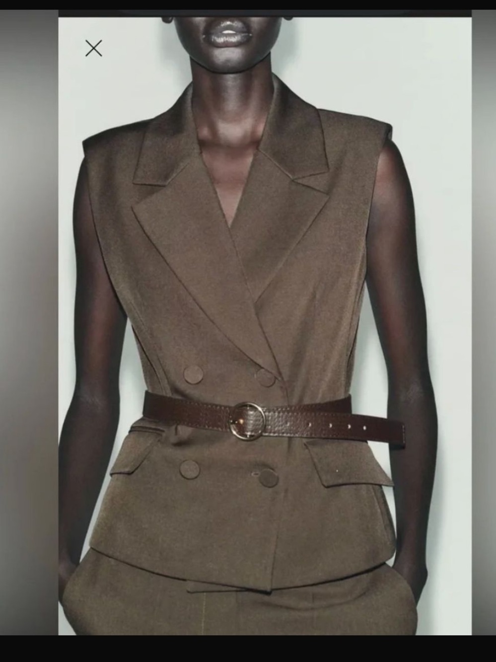 NWOT Zara Sleeveless Double-Breasted Brown belted Tailored Blazer-XL